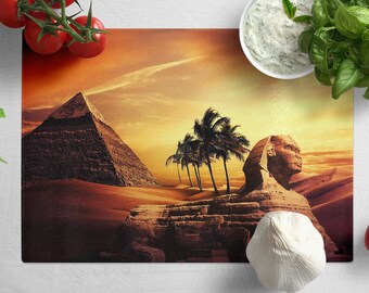 Planche à découper en verre trempé pyramides et sphinx d'Egypte