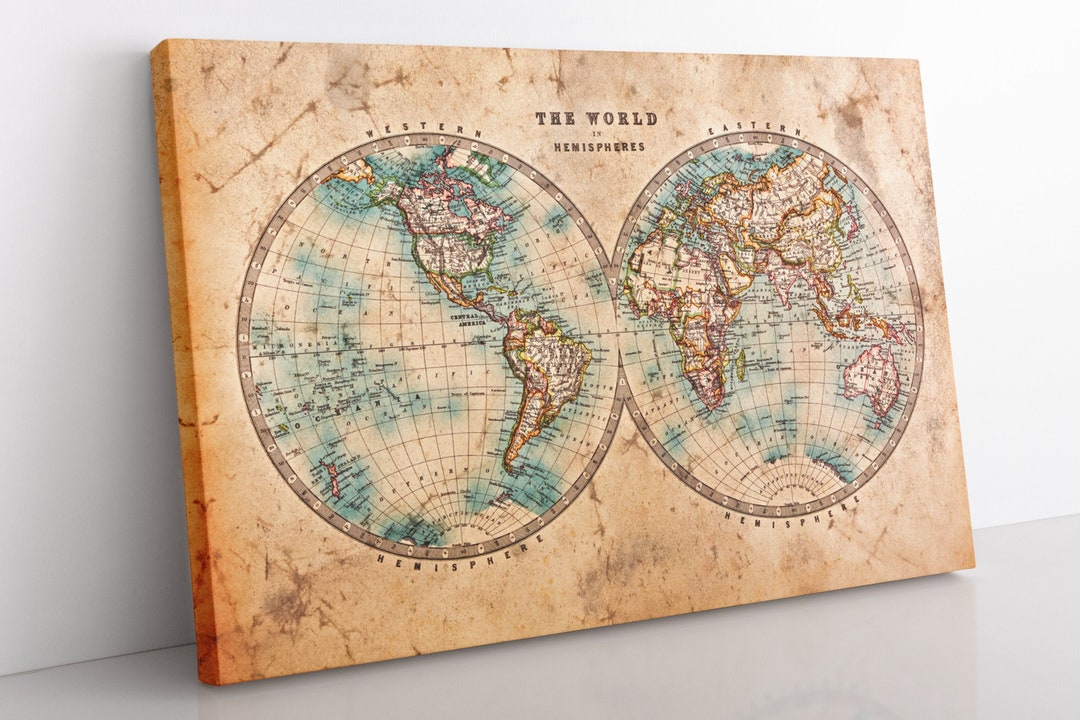 Vintage World Map Canvas Wall Art, Large Framed Ancient Atlas Canvas ...