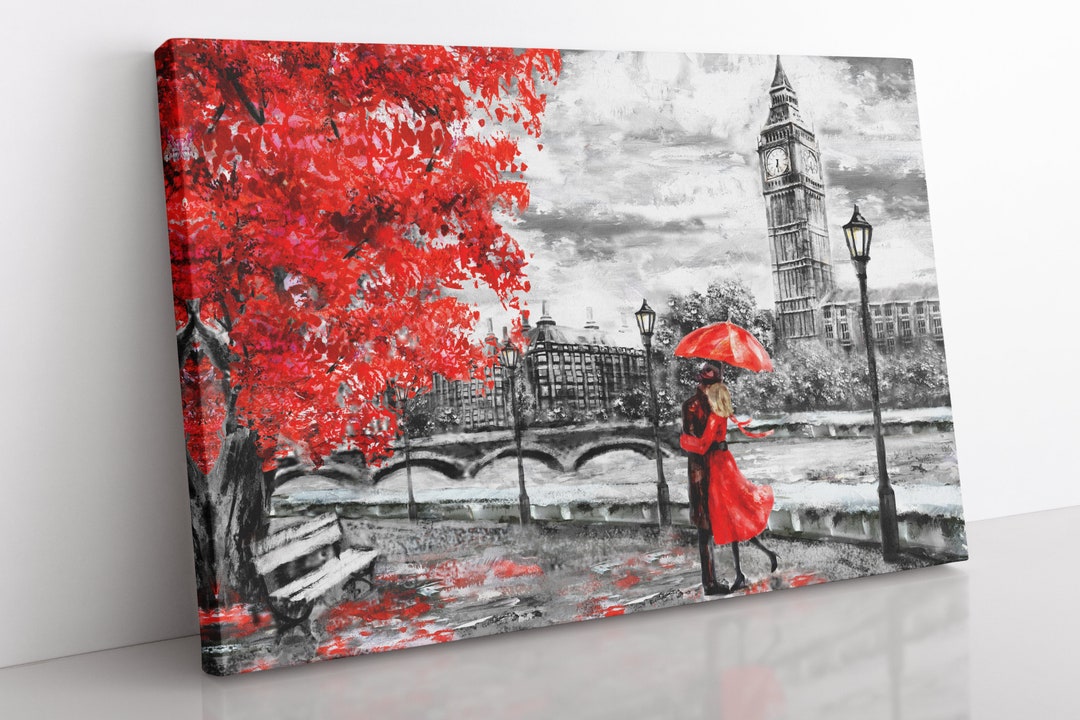 London Red Umbrella Canvas Wall Art, Large Framed Classical Art Print
