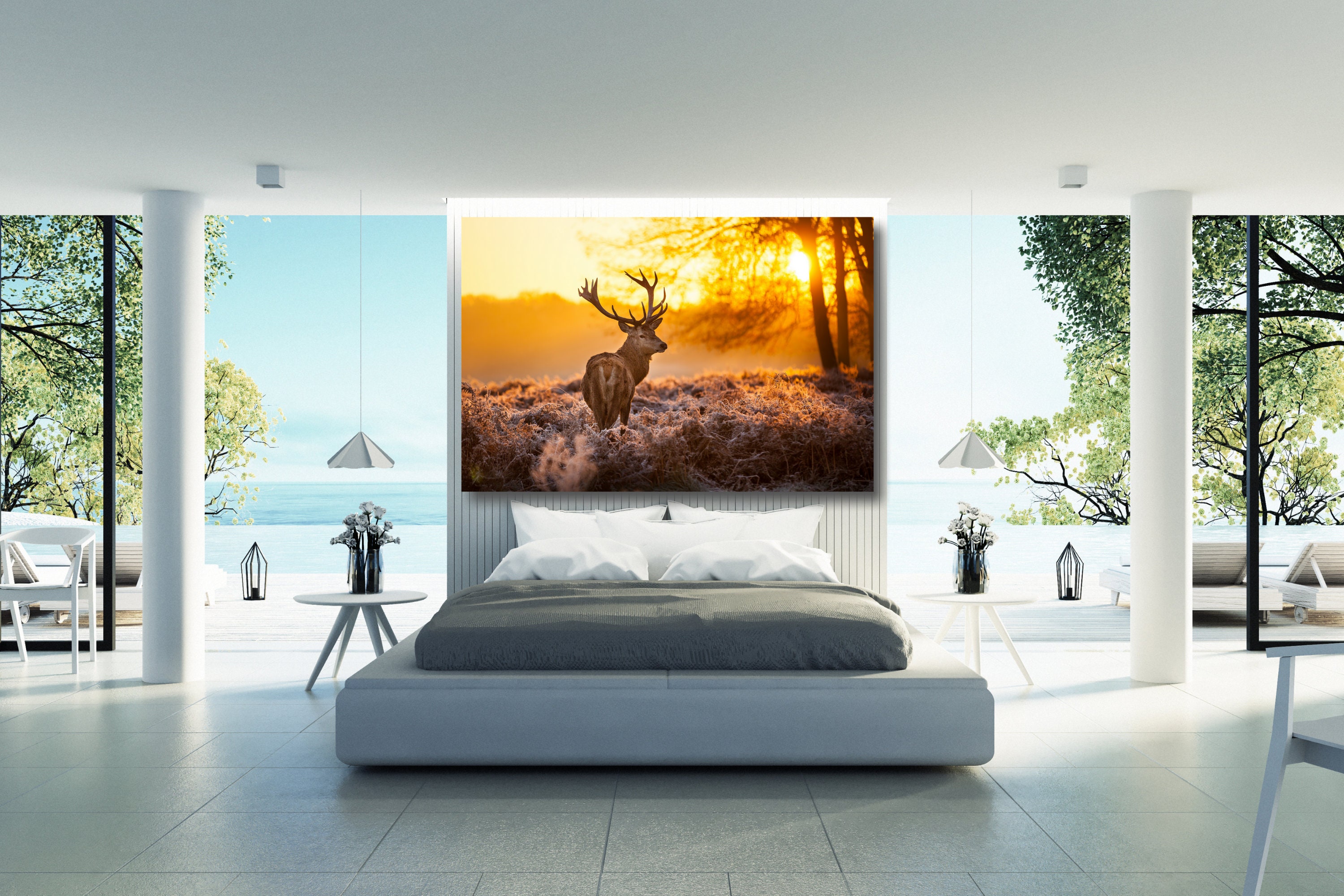 Hirsch Rehe Leinwand Wandkunst große gerahmte Landschaft Tier | Etsy