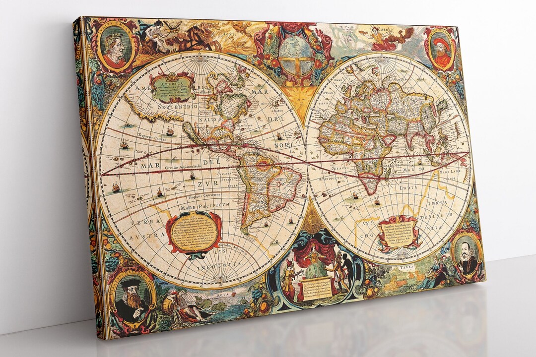 Vintage World Map Canvas Print: Large Framed Ancient Atlas Wall Art - Etsy