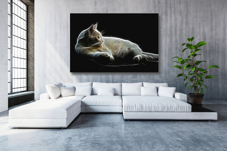 Cat Fractal Art Canvas Wall Art Large Framed Landscape Print Wall Decor Aesthetic Room Decor Poster Print For Office And Home Decor.