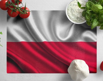 Planche à découper en verre trempé drapeau de la Pologne : décoration de cuisine polonaise