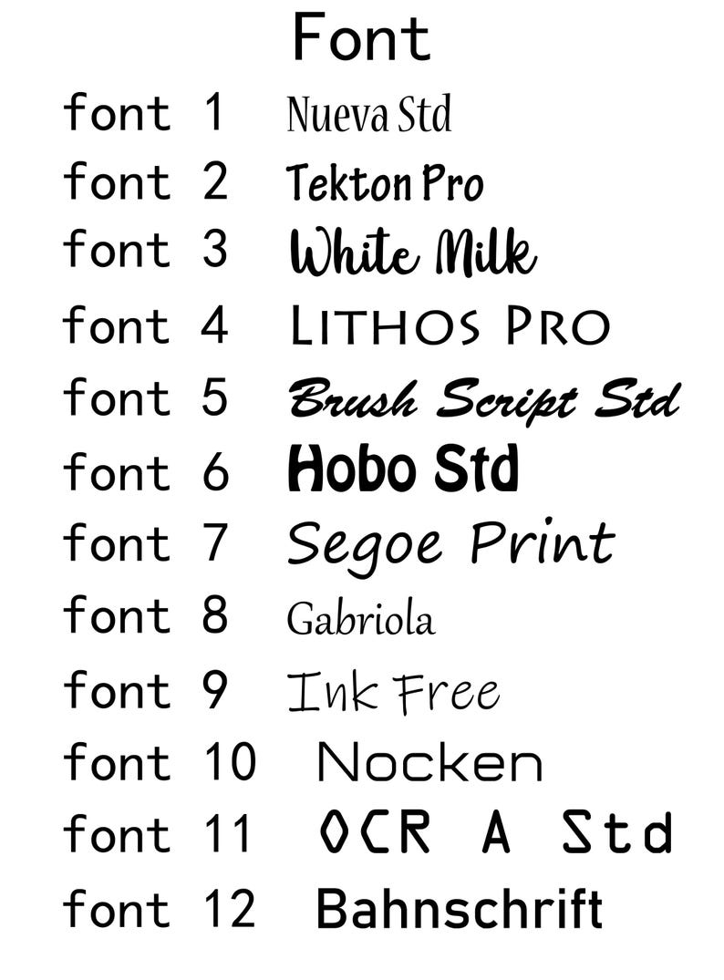 May include: A white background displays the word "Font" at the top, followed by a list of 12 font names and their corresponding font styles. The fonts are numbered and include Nueva Std, Tekton Pro, White Milk, and Hobo Std.