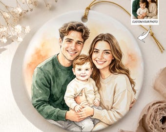 Ritratto personalizzato in ceramica ad acquerello da foto, ornamento natalizio, ricordo di famiglia, regalo di Natale, regalo per la casa