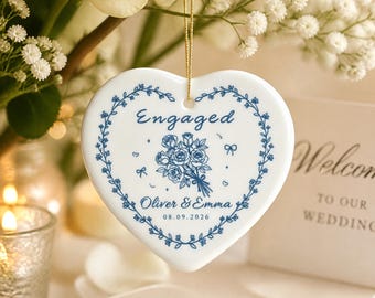 Heart Ceramic Ornament Engagement Gift, Blue Wreath Newlywed Gift, Wedding Gifts for Bride and Groom