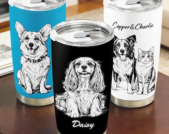 Personalised Travel Mug, Custom Pet Portrait Tumbler, 3D Engraved Effect, Dog Cat Memorial Gift for Dog Dad Mom