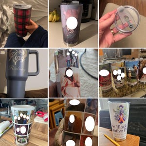 May include: Collection of insulated tumblers with various designs. One features a red and black plaid pattern. Another has a graphic design. Other tumblers have personalized photos. One tumbler has the text "King Rodney".