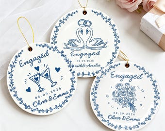Personalized Ceramic Engagement Ornament, Blue Wreath Gift for Newlyweds, Bride and Groom