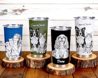 Tazza da viaggio personalizzata con foto, bicchiere personalizzato con ritratto di animale domestico, effetto incisione 3D, regalo commemorativo per cani e gatti per papà e mamma di cani.