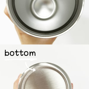May include: A stainless steel tumbler, viewed from the inside and bottom. The top view shows the interior with a dark rim. The bottom view shows the base of the tumbler. The word "inside" and "bottom" are written on the image.