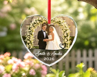 Decorazione in vetro personalizzata con foto, ornamento in cristallo con la tua foto e i tuoi nomi, regalo di nozze, regalo per coppie