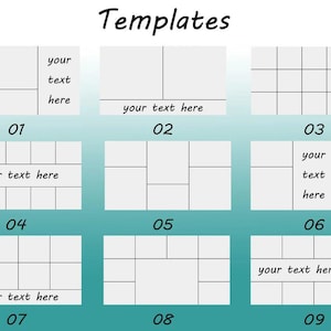 May include: A collection of nine layout templates with white rectangular boxes and the text "Templates" at the top. Each template has a different arrangement of boxes, with some including the text "your text here".