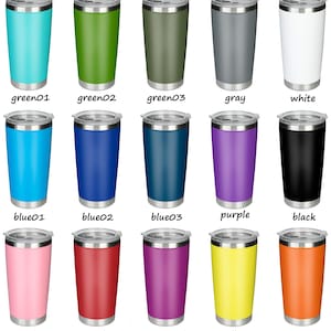 May include: A collection of insulated tumblers in various colors, including teal, green, gray, white, blue, purple, black, pink, red, rose red, yellow, and orange. Each tumbler has a silver rim and a clear lid.