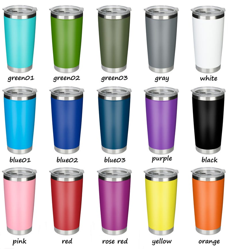 May include: A collection of insulated tumblers in various colors, including teal, green, gray, white, blue, purple, black, pink, red, rose red, yellow, and orange. Each tumbler has a silver rim and a clear lid.
