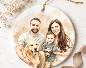 Ritratto in ceramica ad acquerello da foto, ornamento natalizio, ricordo di famiglia, regalo di Natale, regalo per l'inaugurazione della casa