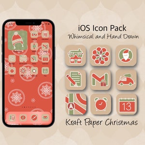 Icone per app iOS in carta kraft natalizia, icone per iPad di Natale retrò, pacchetto di icone iOS disegnate a mano in stile vintage natalizio, sfondo natalizio retrò
