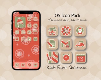 iOS App Icons Kraft Paper Christmas, Retro Christmas iPad Icons, Vintage Christmas Hand Drawn iOS Icon Pack, Retro Christmas Wallpaper