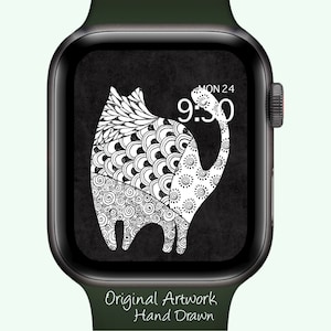Apple Watch Wallpaper Tangled Black Cat, Zen Doodle Watch Face, Whimsical Cat Wallpaper