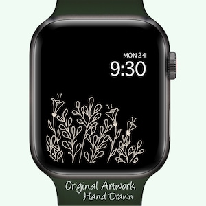 Sfondo Apple Watch Fiore Nero Doodle, Quadrante Bianco Floreale, Sfondo Botanico Orologio, Orologio Minimalista
