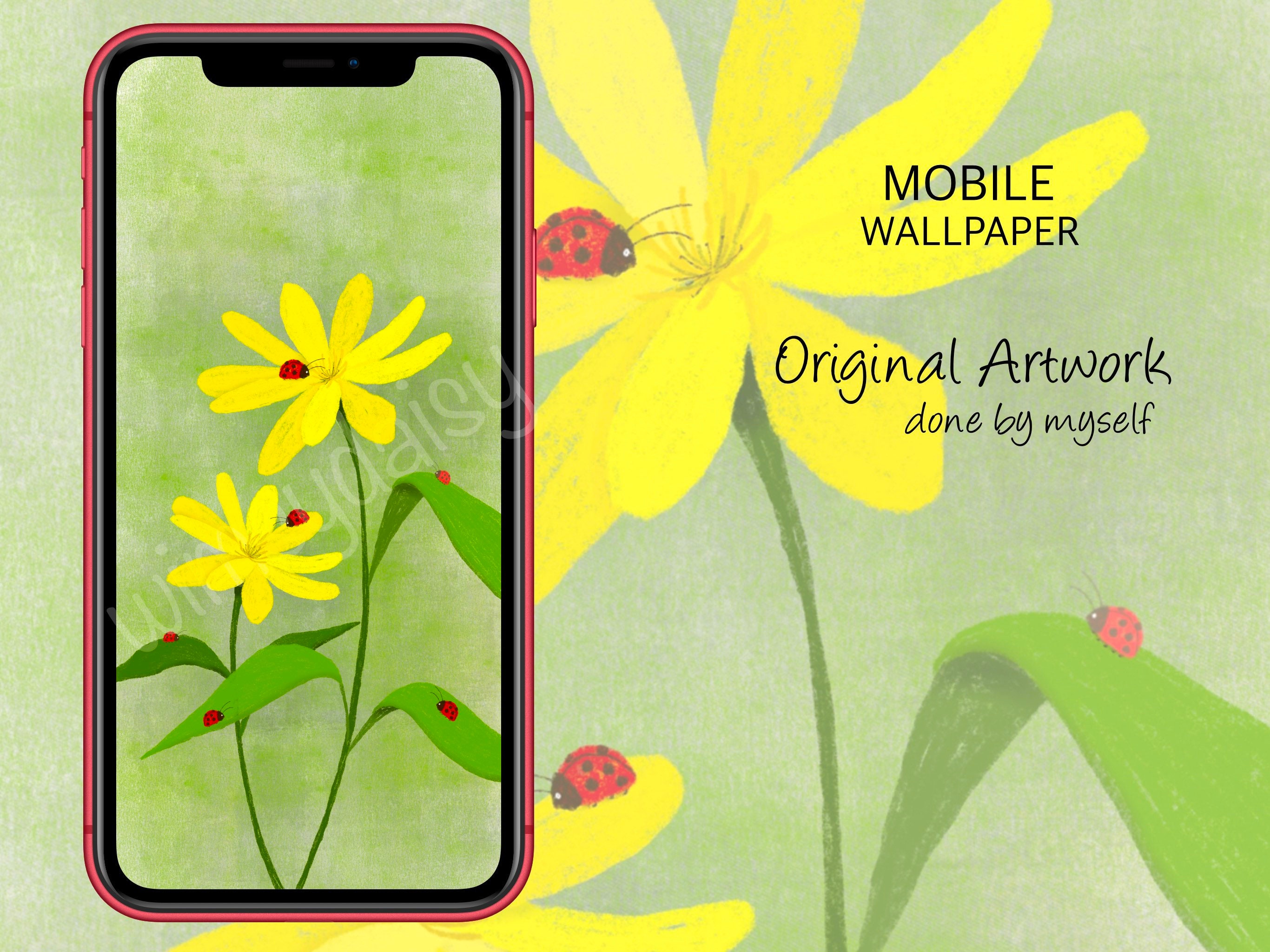 Yellow Daisy Painting Wallpaper Iphone Ladybugs Floral Etsy