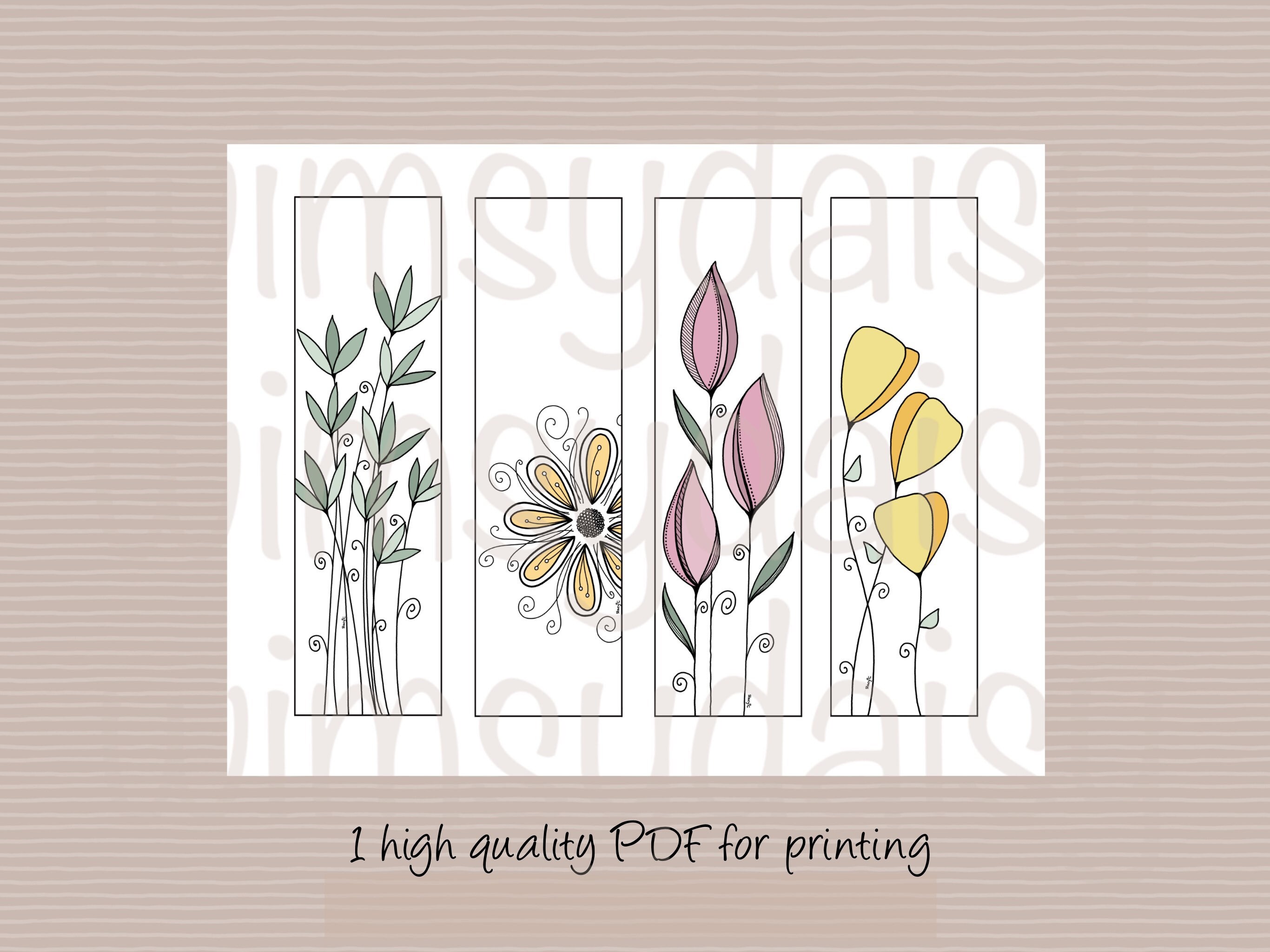Printable Bookmarks, Artistic Digital Bookmarks Floral, Hand Drawn