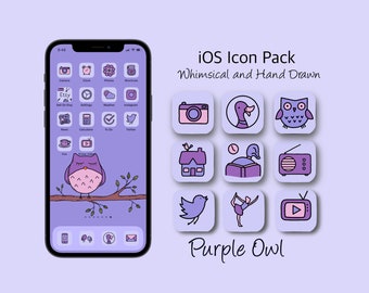 Hand Drawn iOS App Icons Purple Owl , Lilac & Pink iPad Icons, Cute Lavender Icons, Kawaii iOS Icon Pack, Purple iOS Icons