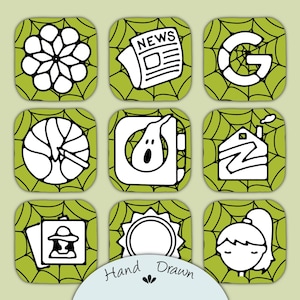 May include: A set of nine square app icons featuring a green spider web background with white hand-drawn illustrations including a flower, a newspaper labelled NEWS, a letter G, a pumpkin, a ghost, a house, a detective, a sun, and a person.