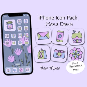 iOS App Icon Pack Lilac, iPhone App Icons Pink, Hand Drawn Aesthetic iOS Icons, Pastel Wallpaper
