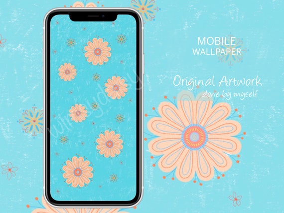 Turquoise Floral Iphone Wallpaper Colored Pencil Blue Etsy 日本