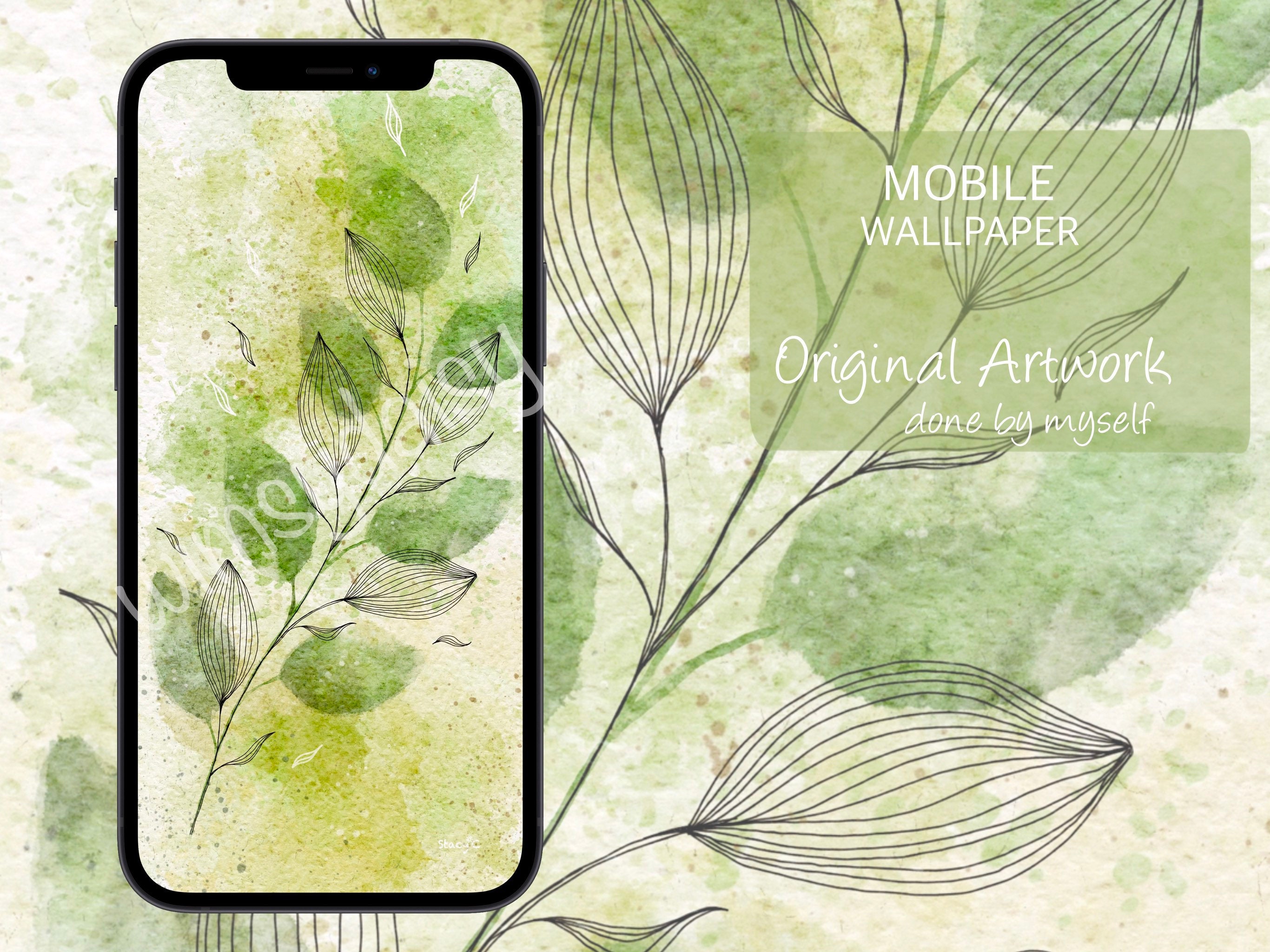 Watercolor Leaves Pen Ink Flower Doodles Green Botanical Etsy