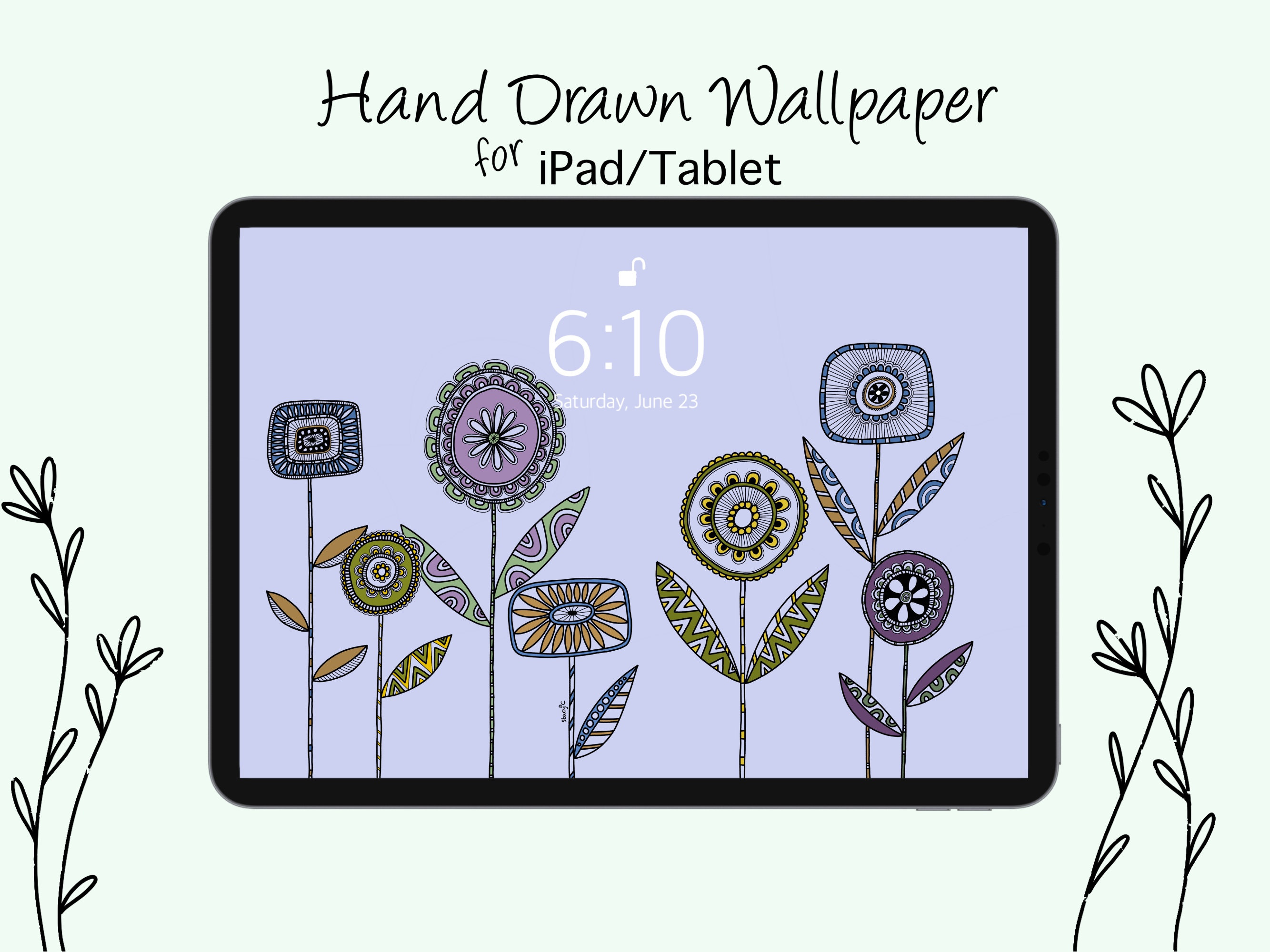 IPad Wallpaper Purple Flowers, Flower Doodle Tablet Wallpaper, Hand