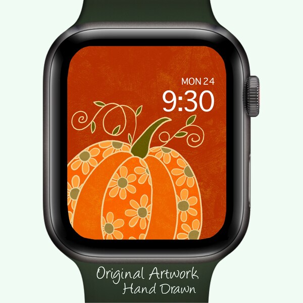 Apple Watch Wallpaper Flowered Pumpkin, Whimsical Apple Watch Face, Cute Pumpkin Fall Thanksgiving Wallpaper