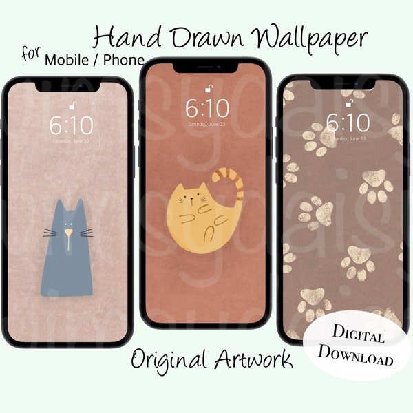 Cats iPhone Wallpaper Bundle, Hand Drawn Mobile Wallpapers, Orange Cat Phone, Funny Blue Cat Wallpaper iPhone, Paw Print Wallpaper