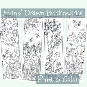 May include: Four black and white printable bookmarks with nature-themed illustrations. The bookmarks feature a tree with berries, a sun with flowers, a tree with mushrooms, and a bird with mushrooms. The text "Hand Drawn Bookmarks" and "Print & Color" are included on the image.