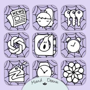 May include: A set of nine square app icons on a light purple background with a black spiderweb pattern. The icons feature white hand-drawn illustrations of a newspaper, a person, keys, a logo, a ghost, a clock, a house, a watch, and a flower.