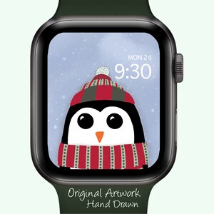Sfondo Apple Watch blu, quadrante orologio uccello invernale, sfondo orologio pinguino con sciarpa, pinguino di Natale