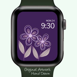 Sfondo Apple Watch con viole del pensiero viola, quadrante disegnato a mano, carta da parati floreale stravagante, scarabocchio floreale