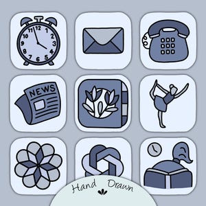Iconos de aplicaciones azules, tema de pantalla de inicio del dispositivo dibujado a mano (descarga digital)