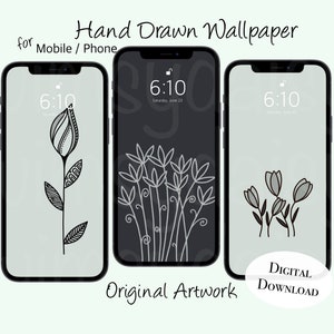 Könnte beinhalten: Drei Handy-Bildschirm-Mockups mit verschiedenen handgezeichneten Blumenmustern. Die Designs sind in Schwarzweiß und zeigen eine einzelne Blume, einen Blumenstrauß und eine Gruppe Tulpen.