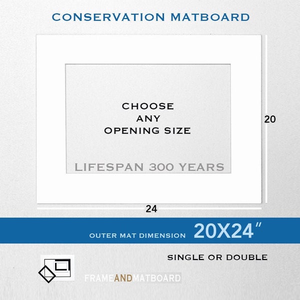 20x24 Picture Matboard, Custom Opening, Archival Conservation Mat, White - Black , Single - Double, Buy 2+ SAVE UP TO 35%