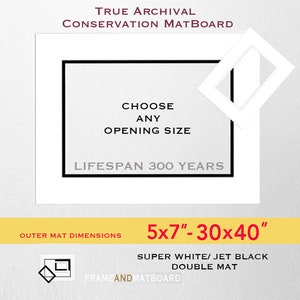 Double Picture Matte - Archival, Custom Opening, Conservation Grade, Black, White, Size 4x6 to 30x40&quot;