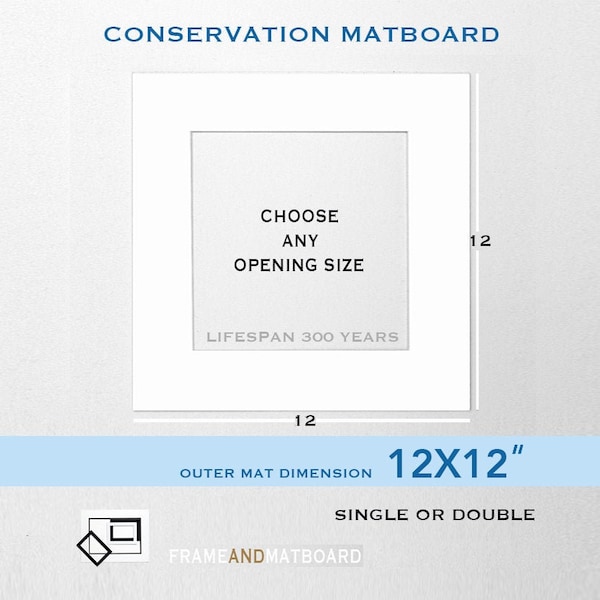 12X12 Picture Matboard - Archival - Custom Opening, White - Black - Single - Double, Buy 2+ SAVE UP TO 35%