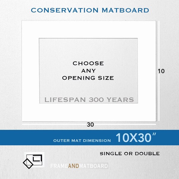 10x30 Conservation Matboard, Custom Opening, White - Black - Single - Double, Buy 2+ SAVE UP TO 35%