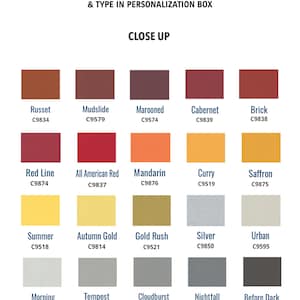 May include: A color chart with 20 different paint colors, each with a name and a corresponding color code. The colors are arranged in four rows of five colors each. The colors include red, orange, yellow, green, blue, purple, brown, black, white, and gray. The chart is labeled "Choose Your Color & Type in Personalization Box" and "Close Up".
