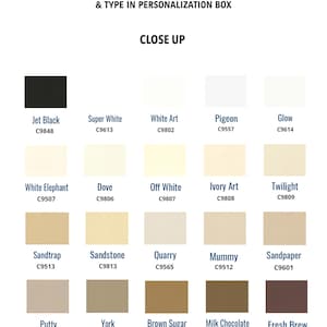 May include: A color chart with 20 paint color swatches. The swatches are arranged in four rows of five. Each swatch has a name and a color code. The color names include Jet Black, Super White, White Art, Pigeon, Glow, White Elephant, Dove, Off White, Ivory Art, Twilight, Sandtrap, Sandstone, Quarry, Mummy, Sandpaper, Putty, York, Brown Sugar, Milk Chocolate, and Fresh Brew.