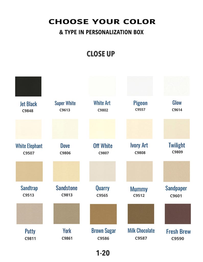 May include: A color chart with 20 paint color swatches. The swatches are arranged in four rows of five. Each swatch has a name and a color code. The color names include Jet Black, Super White, White Art, Pigeon, Glow, White Elephant, Dove, Off White, Ivory Art, Twilight, Sandtrap, Sandstone, Quarry, Mummy, Sandpaper, Putty, York, Brown Sugar, Milk Chocolate, and Fresh Brew.