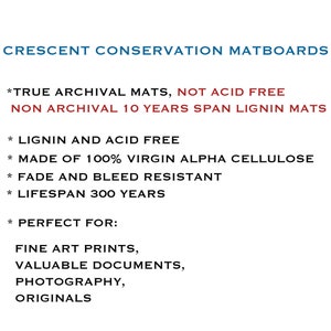Puede incluir: Cartones de conservaci&oacute;n Crescent, calidad de archivo, sin &aacute;cido, sin lignina, hechos de 100% celulosa alfa virgen, resistentes a la decoloraci&oacute;n y al sangrado, vida &uacute;til de 300 a&ntilde;os. Perfectos para impresiones de arte, documentos valiosos, fotograf&iacute;a y originales.