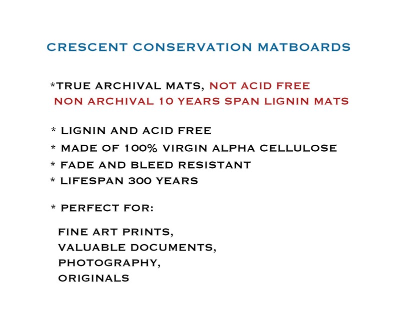 Puede incluir: Cartones de conservaci&oacute;n Crescent, calidad de archivo, sin &aacute;cido, sin lignina, hechos de 100% celulosa alfa virgen, resistentes a la decoloraci&oacute;n y al sangrado, vida &uacute;til de 300 a&ntilde;os. Perfectos para impresiones de arte, documentos valiosos, fotograf&iacute;a y originales.