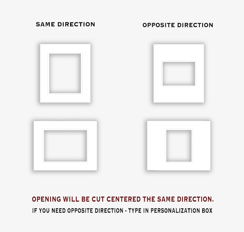 May include: Diagram showing two different ways to cut an opening in a surface. The top row shows the opening cut in the same direction, while the bottom row shows the opening cut in the opposite direction. The text below the diagram reads "OPENING WILL BE CUT CENTERED THE SAME DIRECTION. IF YOU NEED OPPOSITE DIRECTION - TYPE IN PERSONALIZATION BOX."